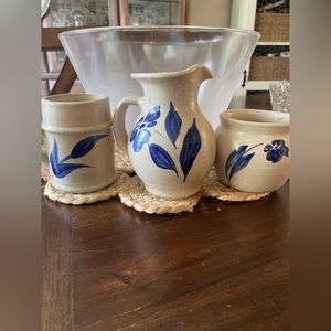 Vtg Williamsburg Salt Glazed Blue Flower Pottery Creamer and Sugar Bowl And Mug